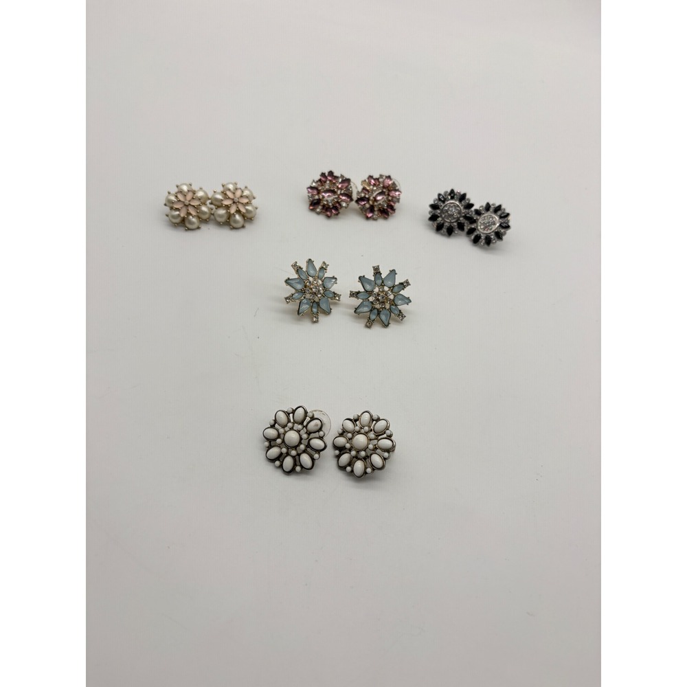Vintage Floral Stud Earring Lot 5 Pairs Rhinestone Faux Pearl J156